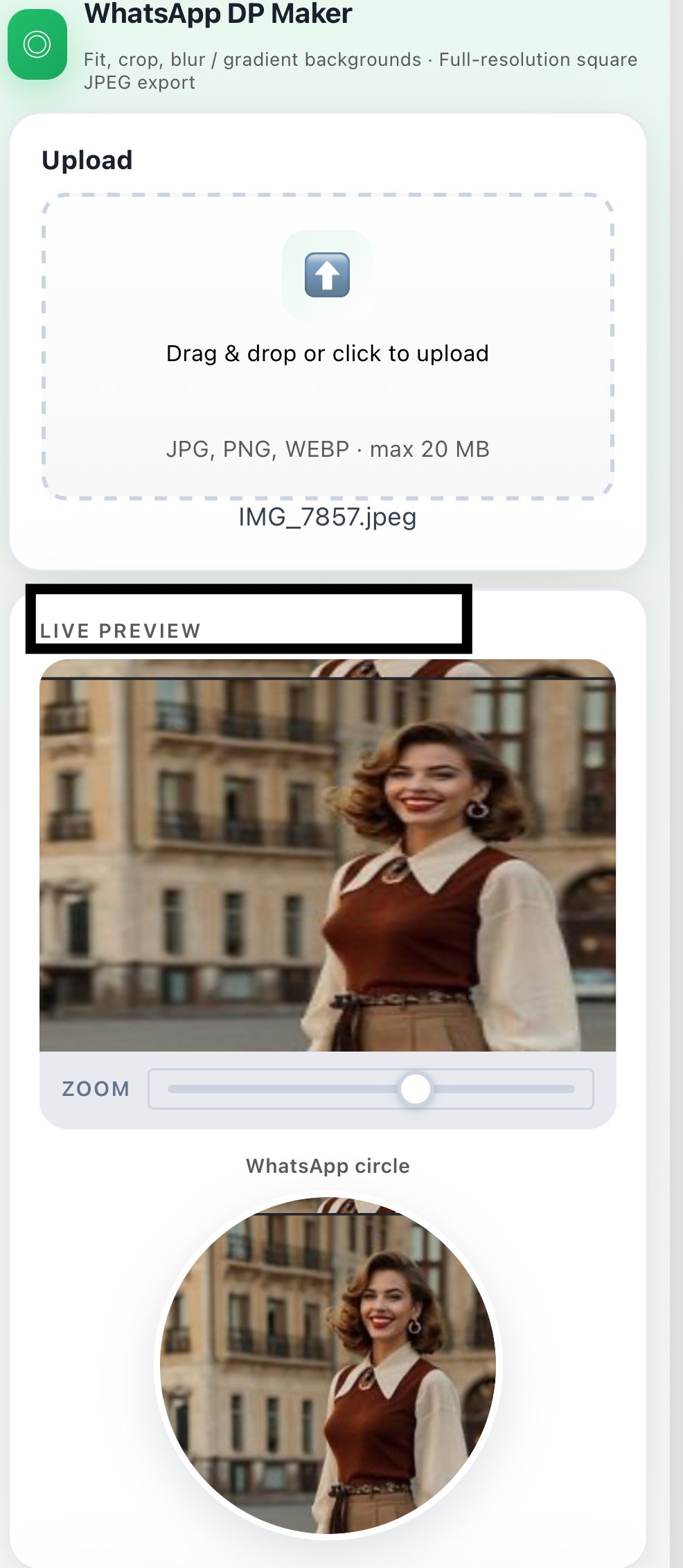 WhatsApp DP Resize 8 Live preview